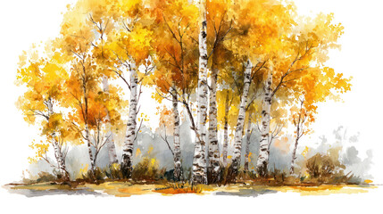 Watercolor autumn forest with birch trees and golden leaves on transparent background