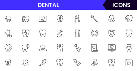 Dental vector web line icon collection, sleek illustrations of teeth, tools, and oral care for professional dental and health designs.