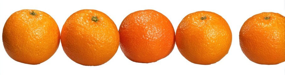 Five ripe oranges lined up, one is a slightly different shade of orange, set against a white backdrop