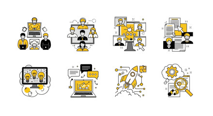 Thin line vector icon set for business development, technology innovation, and online communication, illustrating startup and analysis concepts