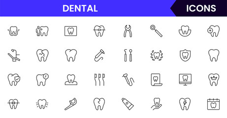 Dental vector web line icon collection, sleek illustrations of teeth, tools, and oral care for professional dental and health designs.