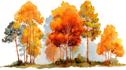 Watercolor fall forest with orange and yellow trees on transparent background
