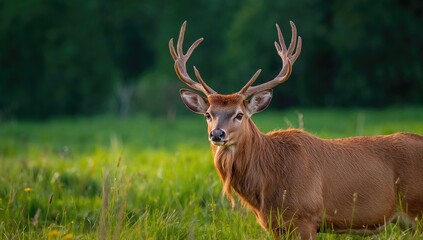 Close-up view of a red deer stag amidst tall grass
