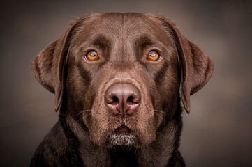 Fototapeta premium Detailed portrait of a chocolate Labrador retriever with a blurred backdrop highlighting its pensive look and amber eyes.