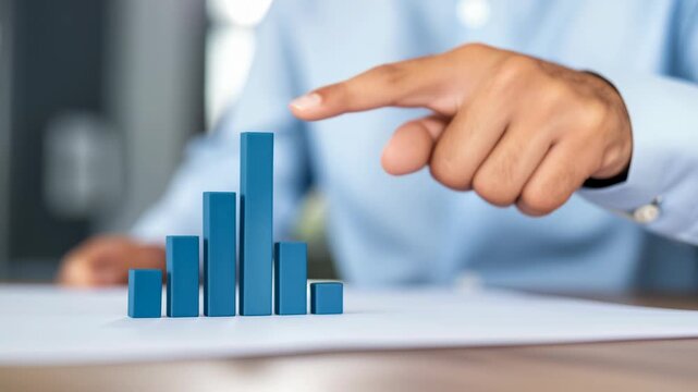 Managing cost reduction with data driven finance analytics and business statistic insight hand pointing rising blue bar chart graph showing financial growth, strategy and planning with finger bar