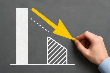 Economic Downturn Chalk Illustration: Hand Drawing Yellow Arrow on Blackboard Chart, Recession Concept