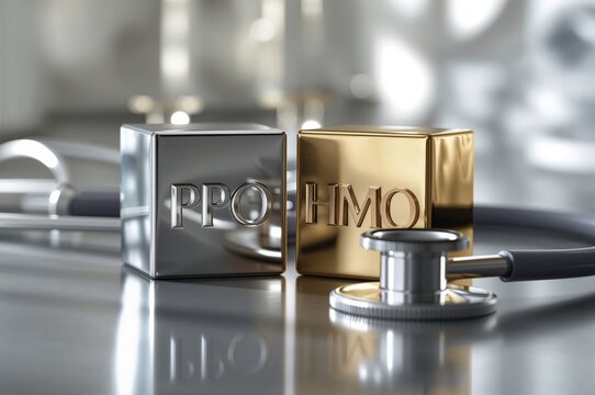 Lettered blocks PPO and HMO alongside a medical stethoscope