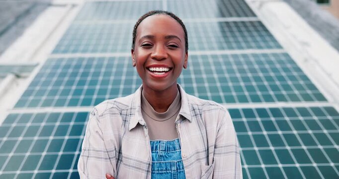 Face, black woman and technician with arms crossed for solar panel installation, about us and maintenance. Portrait, electrician and happy for career pride, photovoltaic repairs and renewable energy