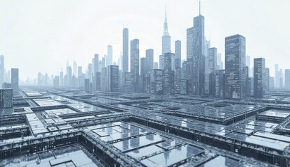 A futuristic cityscape covered in snow, showcasing towering skyscrapers and a serene atmosphere