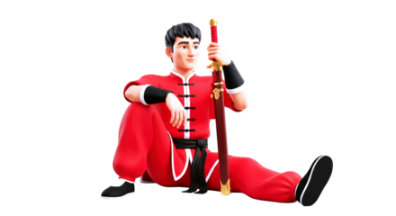 3d cartoon wushu master serene warrior, red outfit, contemplative pose, traditional sword, martial arts animation, isolated on transparent background