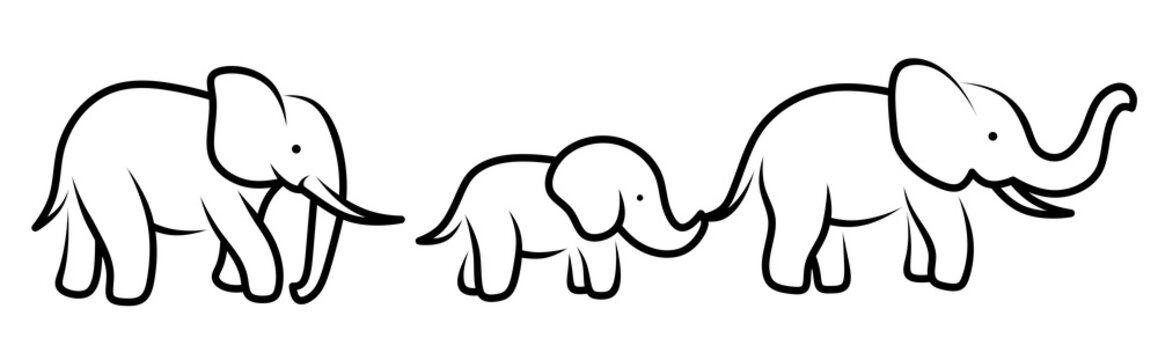 Linear illustration of a family of elephants: two adult elephants and a calf walking together. Minimalist outline design of elephants for logos and decoration.