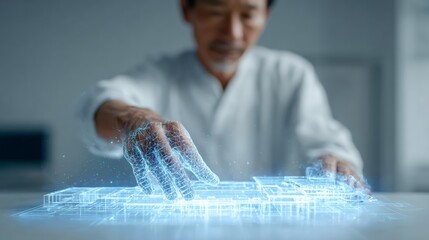 Senior scientist interacting with a complex, glowing blue, futuristic 3d model using artificial intelligence, showcasing innovation in a modern laboratory setting