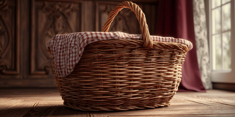 Fototapeta premium Wicker basket with checkered cloth indoors - AI generated