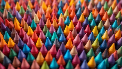 Close up view of numerous colorful sharpened crayons arranged tightly in rows forming vibrant