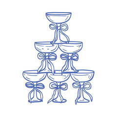 A stack of blue wine glasses with bows on the stems. The glasses are arranged in a pyramid shape