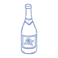 A bottle of champagne with a rose on the label. The bottle is blue and white.