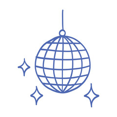 A blue and white drawing of a disco ball with stars around it. The drawing is of a small, stylized disco ball with a blue and white color scheme. The stars around the ball give it a festive