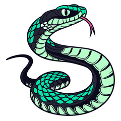 Stylized illustration of a coiled green and black snake with its tongue out