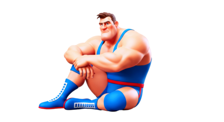 3d cartoon wrestler powerful posture, contemplative mood, blue singlet, game asset, strong athlete, isolated on transparent background