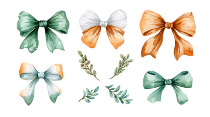 Watercolor set with cute hand painting bows green and white, transparent background