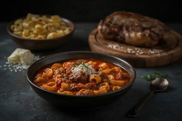 Dimly lit image of handcrafted Trofie pasta. Concept of nutritious Italian cuisine featuring space for text. Broth containing handmade pasta and beef.