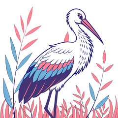 A white stork standing in tall grass with pink and blue accents