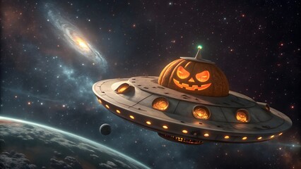 Spooky halloween jack o lantern ufo spaceship navigates the cosmic galaxy amongst planets and stars