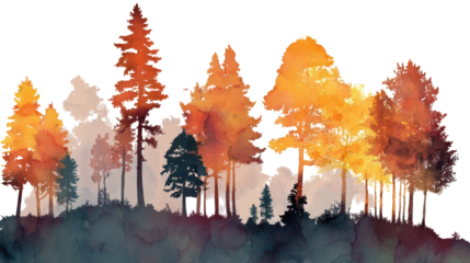 Watercolor silhouette of a fall forest with subtle leaf tones on transparent background