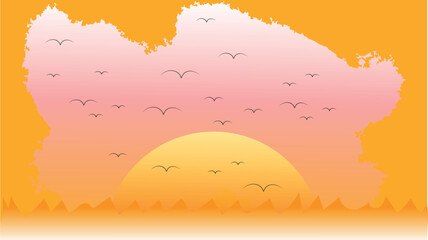 Vector illustration of wild nature landscape with mountains, sun, and flying birds, horizontal banner, poster, flyer, and card template for print, digital media, and creative design projects