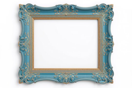 Contemporary vintage wall-mounted photo frame with elaborate stylish blue design combining traditional and quirky elements for showcasing artwork and portraits on a plain white backdrop.