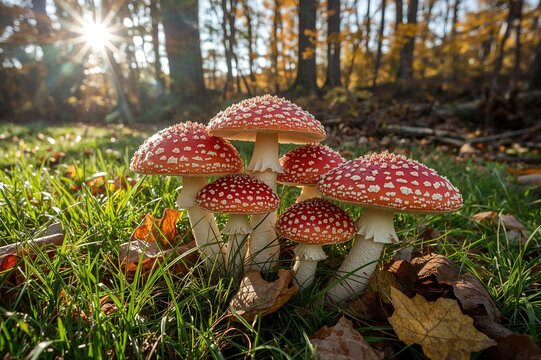 Group of stunning fungi, fly agaric featuring a striking red cap with white spots. - Powered by Adobe