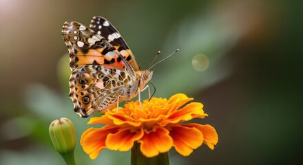 Obraz premium A vibrant butterfly rests delicately on a radiant orange marigold flower.
