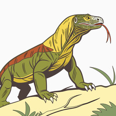 Komodo dragon reptile illustration with tongue out on a light background