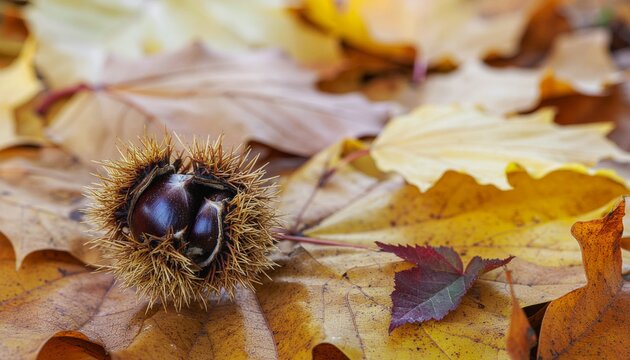 A single glossy brown chestnut rests in its spiky brown husk surrounded by a carpet of fallen autumn leaves in warm golden and brown hues - Powered by Adobe