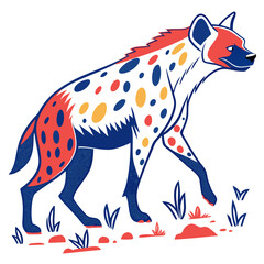 Stylized hyena with colorful spots walking in a dry landscape