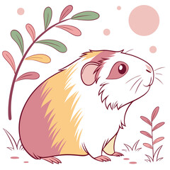Cute guinea pig illustration with plant and pink circle
