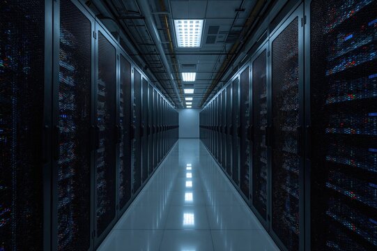 Inside a working data facility with hosting, computing clusters, supercomputers, virtual machines, cloud services, and cryptocurrency mining operations - Powered by Adobe