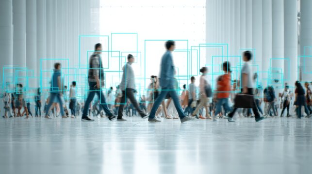 Artificial intelligence is tracking people walking in a public space using facial recognition and motion blur, highlighting the potential for surveillance and data collection in modern society
