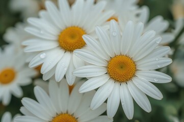 Fototapeta premium Detailed view of blooming wild daisies with water drops on white petals
