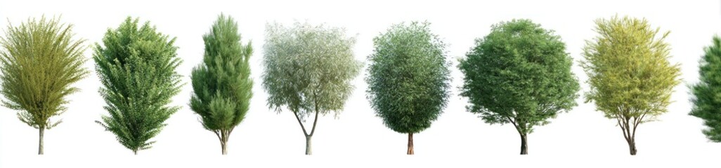 Row of assorted trees, displaying various shapes and textures against a plain white backdrop, showcasing detailed foliage