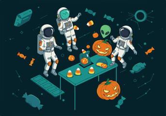 Naklejka premium Inclusive Halloween Space Adventure Astronauts Celebrate with Candy and Jack-o'-Lanterns in a Fun, Interstellar Setting