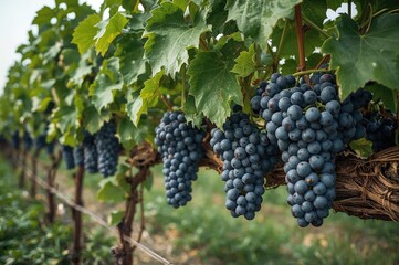 Fototapeta premium Bunches of ripe grapes ready for picking in a sunny vineyard, agriculture and farming scene