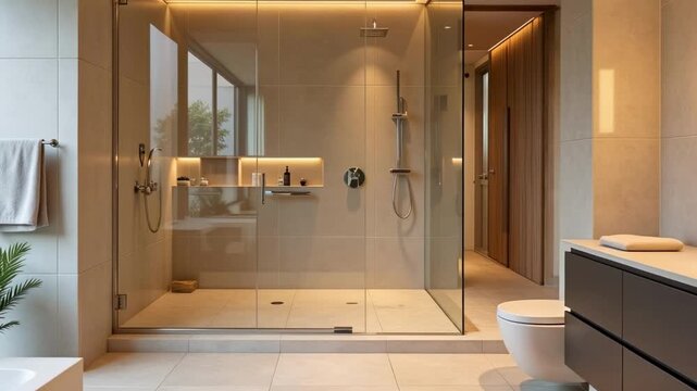 Modern bathroom design showcases spacious shower and luxurious amenities in a designer home video