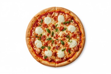 Tasty innovative pizza on a plain white backdrop