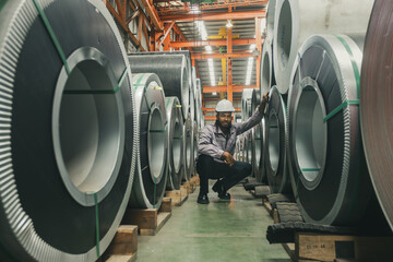 Technician industrial worker inspecting aluminum metal sheet fabricating roll check stock materials in the steel coil storage area, rolls metal sheet high quality durable meet standards industry.