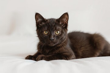Young Oriental Cat with Dark Fur Resting on Bedding