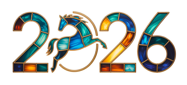 Colorful stained glass illustration of 2026 with a horse silhouette, symbolizing the Year of the Horse in the Chinese zodiac, festive and elegant design
