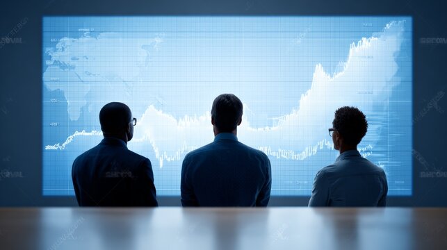 Three businesspeople are observing a large screen displaying global market trends and data analysis, suggesting a strategic meeting focused on international business and financial performance