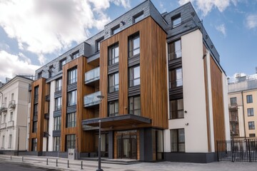 Modern apartment building features a blend of wood and glass design in an urban setting with a clear sky during daylight hours
