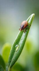 Dangerous tick is waiting on a vibrant green leaf in a natural environment, representing the potential threat of lyme disease and other tick borne illnesses